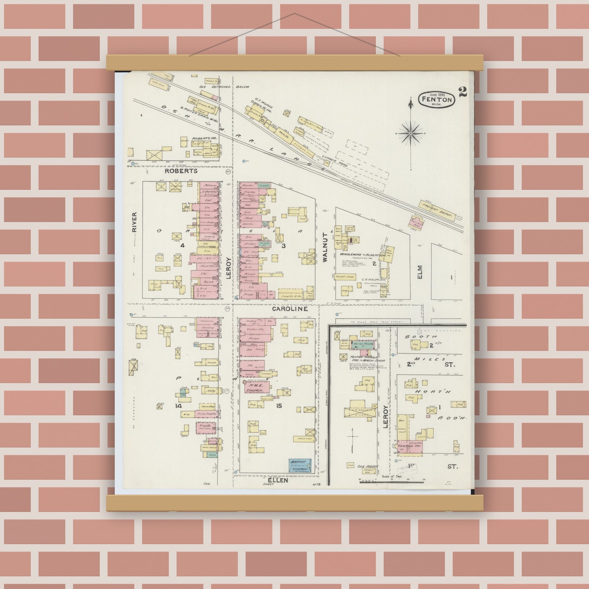 Old map wall art mockup — magnetic wood frame on brick wall — Sanborn Fire Insurance Map from Fenton, Genesee County, Michigan (1890), Sheet #0002