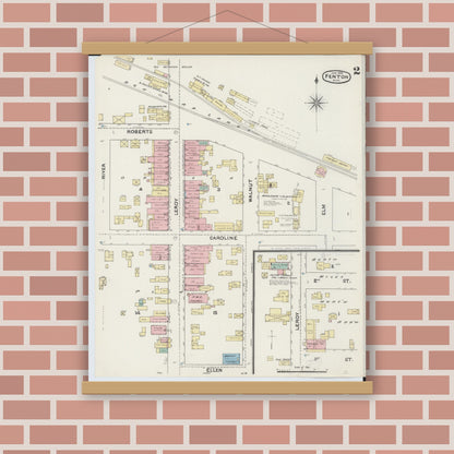 Old map wall art mockup — magnetic wood frame on brick wall — Sanborn Fire Insurance Map from Fenton, Genesee County, Michigan (1890), Sheet #0002