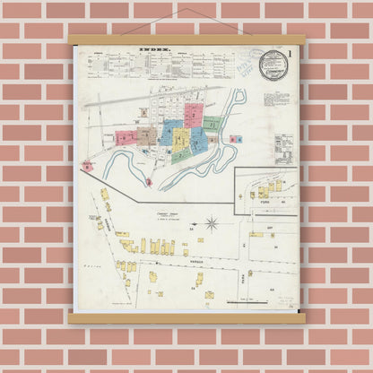 Old map wall art mockup — magnetic wood frame on brick wall — Sanborn Fire Insurance Map from Conneaut, Ashtabula County, Ohio (1898), Sheet #0001
