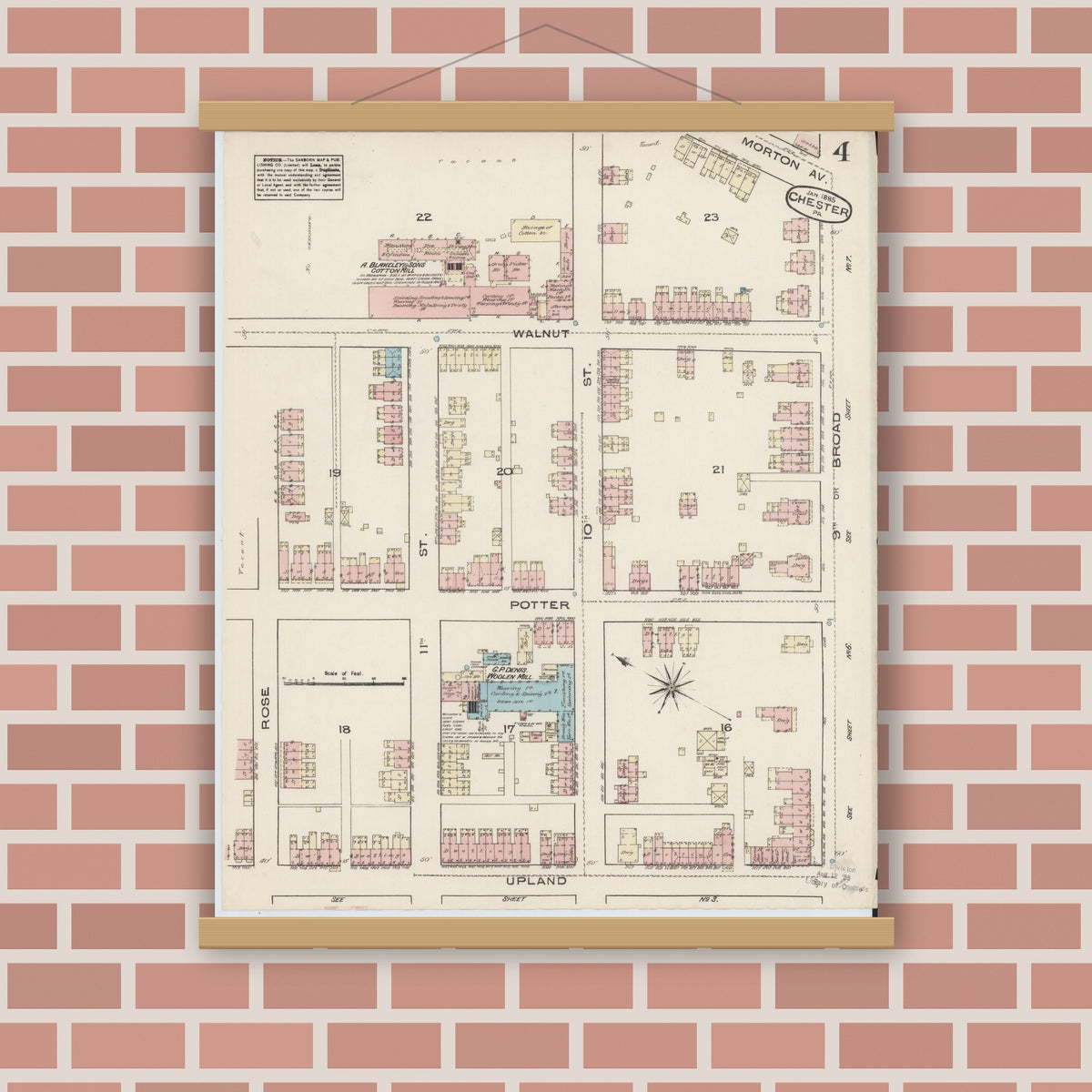Old map wall art mockup — magnetic wood frame on brick wall — Sanborn Fire Insurance Map from Chester, Delaware County, Pennsylvania (1885), Sheet #0004