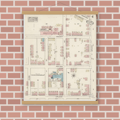 Old map wall art mockup — magnetic wood frame on brick wall — Sanborn Fire Insurance Map from Chester, Delaware County, Pennsylvania (1885), Sheet #0004