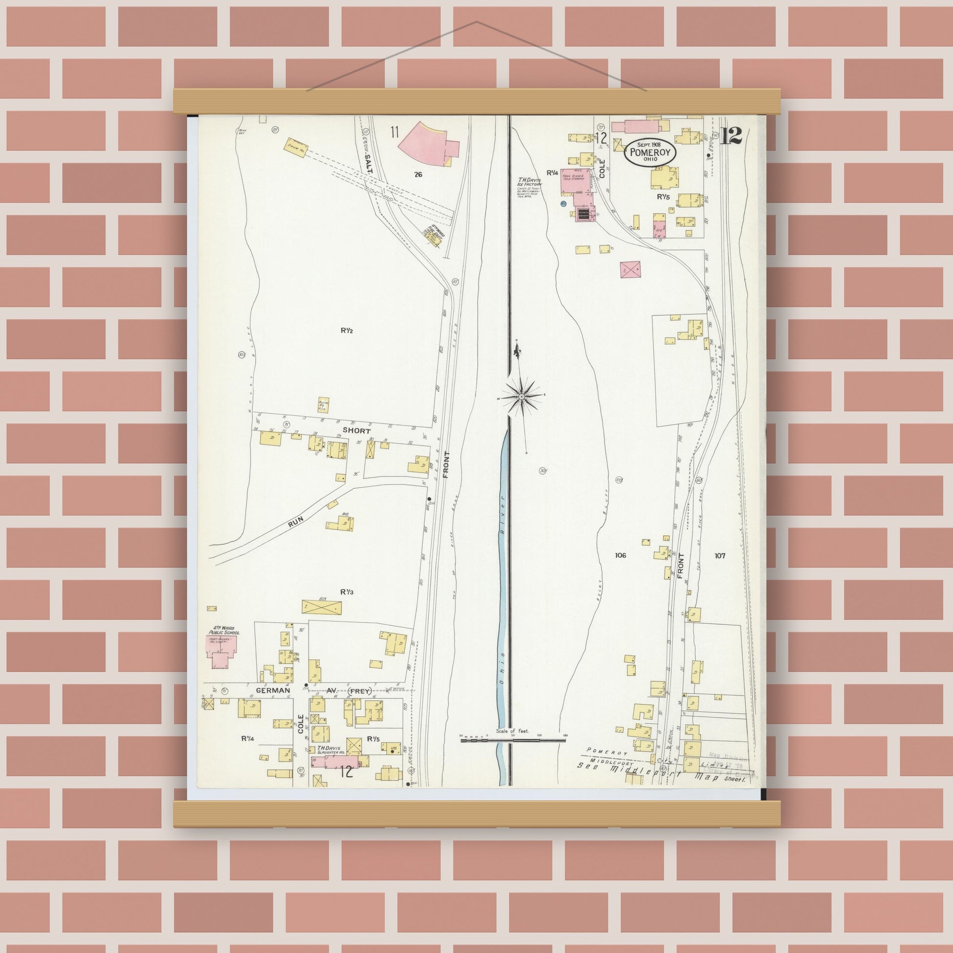 Old map wall art mockup — magnetic wood frame on brick wall — Sanborn Fire Insurance Map from Pomeroy, Meigs County, Ohio (1908), Sheet #0012