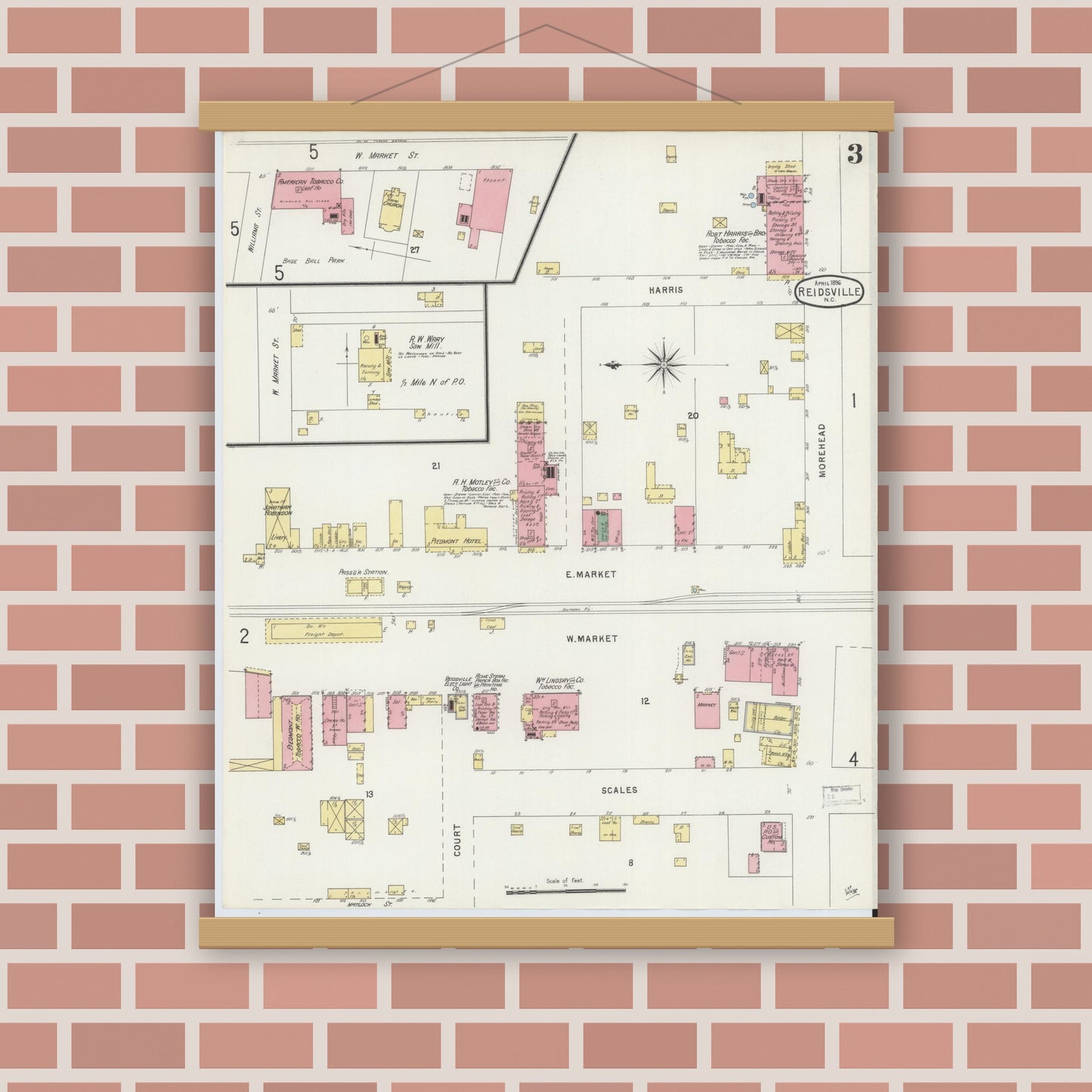 Old map wall art mockup — magnetic wood frame on brick wall — Sanborn Fire Insurance Map from Reidsville, Rockingham County, North Carolina (1896), Sheet #0003