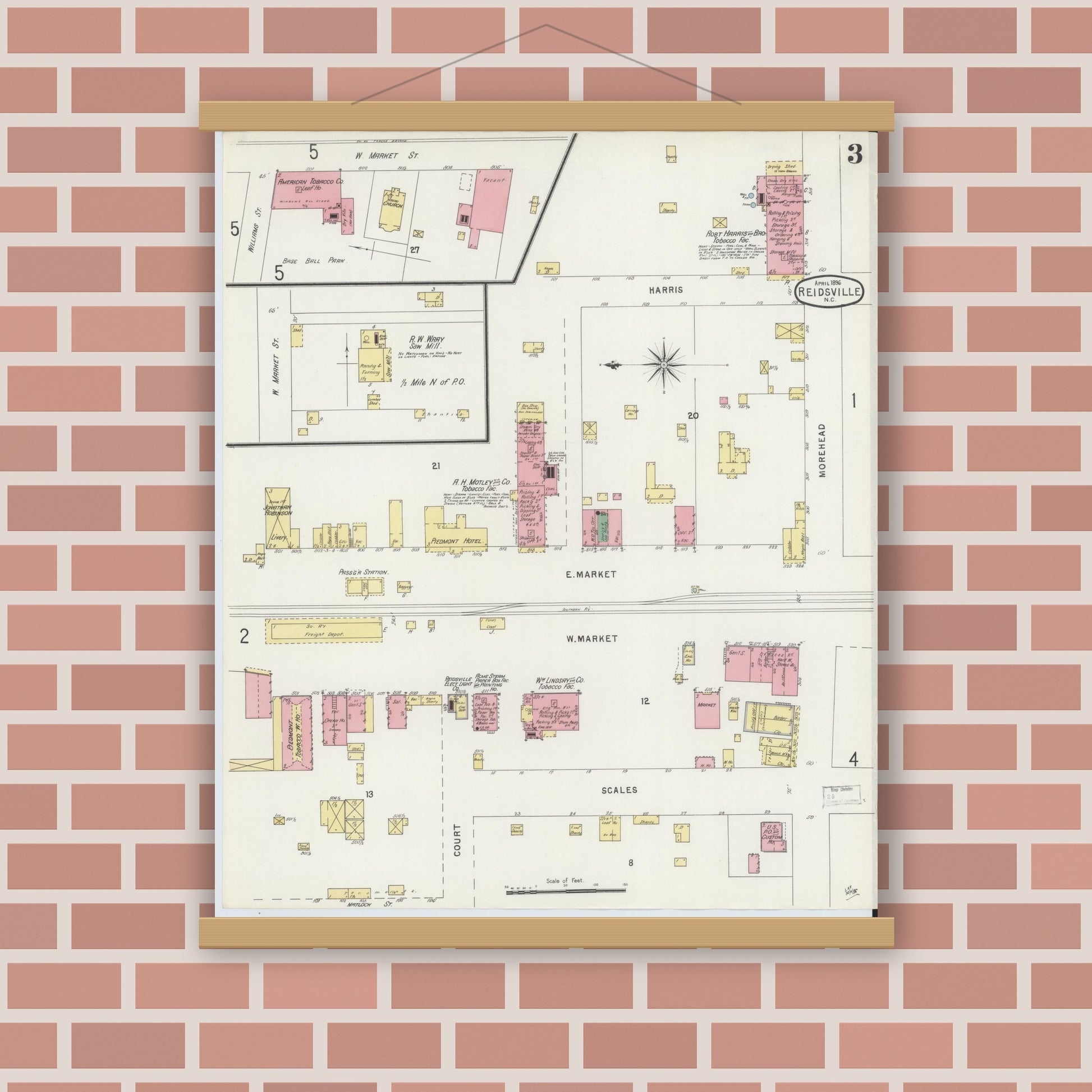 Old map wall art mockup — magnetic wood frame on brick wall — Sanborn Fire Insurance Map from Reidsville, Rockingham County, North Carolina (1896), Sheet #0003