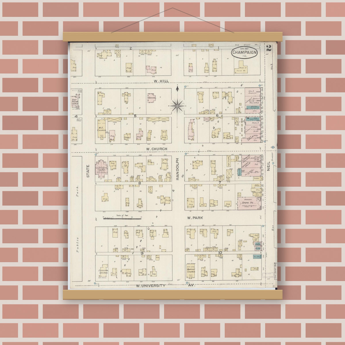 Old map wall art mockup — magnetic wood frame on brick wall — Sanborn Fire Insurance Map from Champaign, Champaign County, Illinois (1887), Sheet #0002