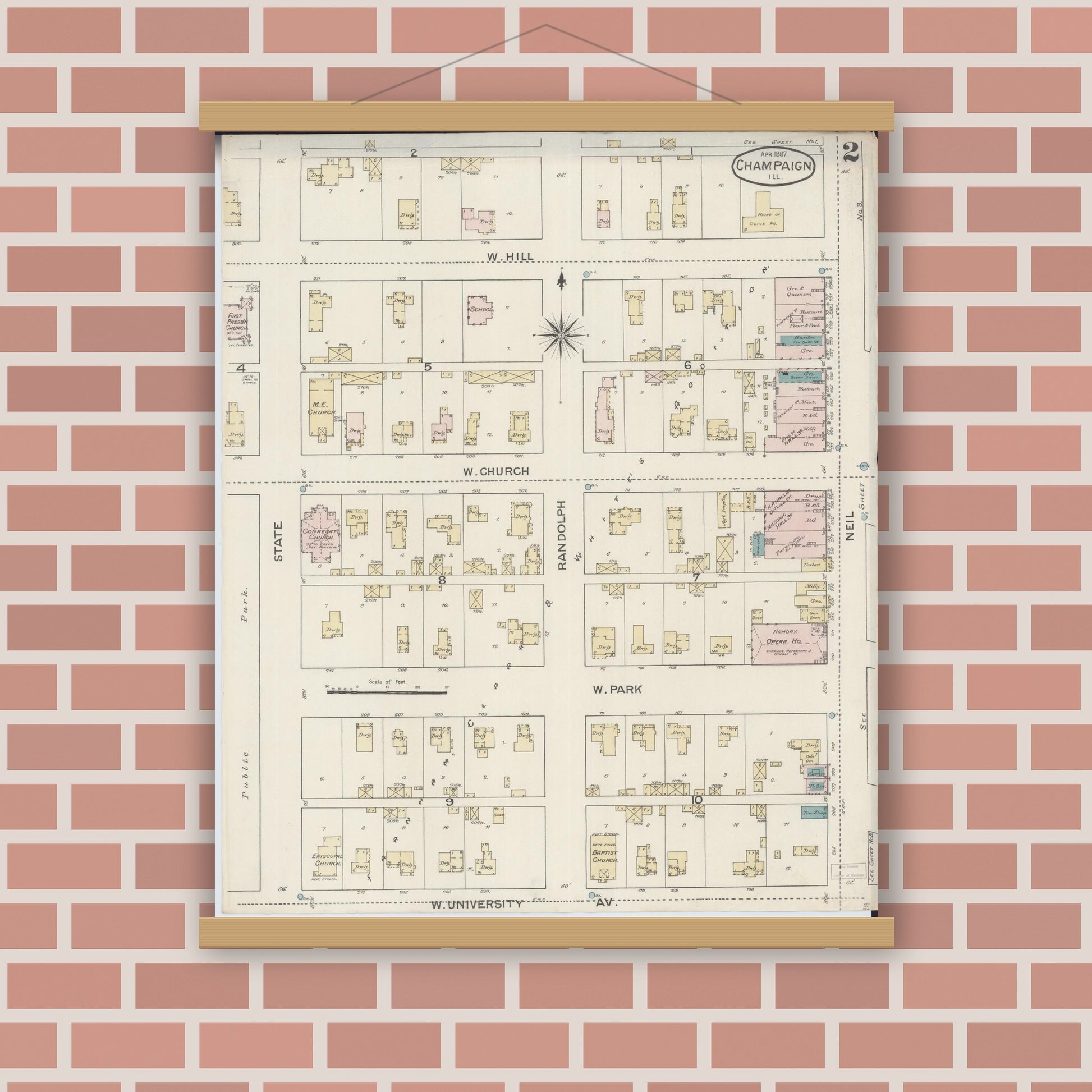 Old map wall art mockup — magnetic wood frame on brick wall — Sanborn Fire Insurance Map from Champaign, Champaign County, Illinois (1887), Sheet #0002