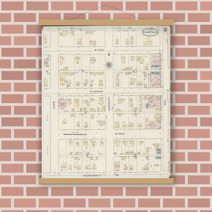 Old map wall art mockup — magnetic wood frame on brick wall — Sanborn Fire Insurance Map from Champaign, Champaign County, Illinois (1887), Sheet #0002