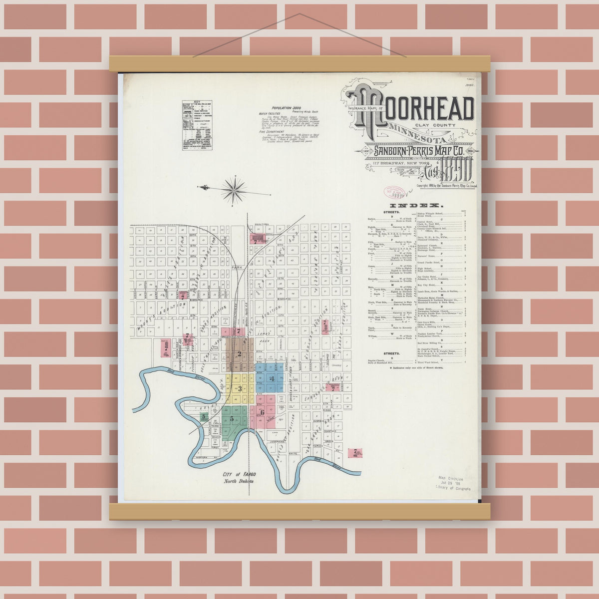 Old map wall art mockup — magnetic wood frame on brick wall — Sanborn Fire Insurance Map from Moorhead, Clay County, Minnesota (1890), Sheet #0001