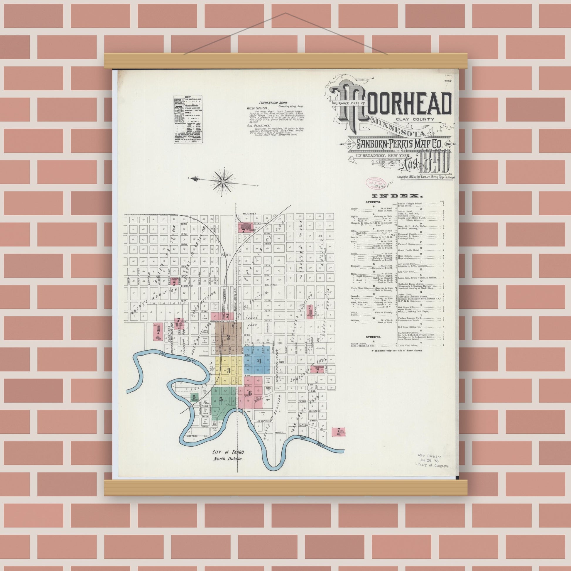 Old map wall art mockup — magnetic wood frame on brick wall — Sanborn Fire Insurance Map from Moorhead, Clay County, Minnesota (1890), Sheet #0001