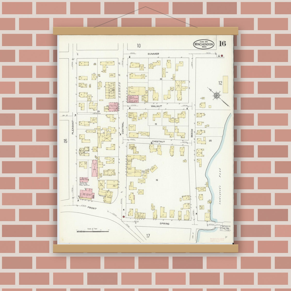 Old map wall art mockup — magnetic wood frame on brick wall — Sanborn Fire Insurance Map from Winchendon, Worcester County, Massachusetts (1914), Sheet #0016