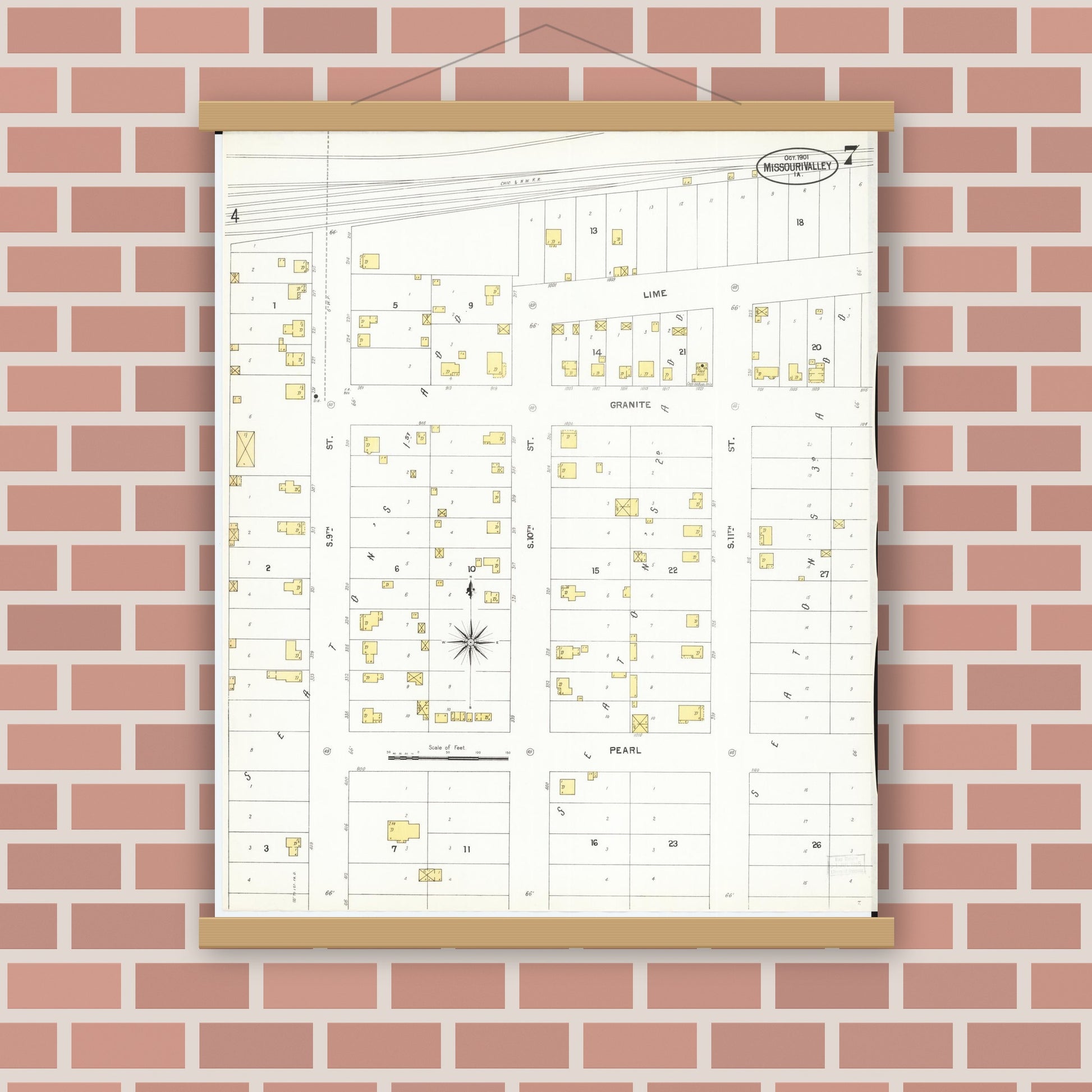 Old map wall art mockup — magnetic wood frame on brick wall — Sanborn Fire Insurance Map from Missouri Valley, Harrison County, Iowa (1901), Sheet #0007