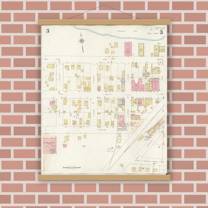 Old map wall art mockup — magnetic wood frame on brick wall — Sanborn Fire Insurance Map from Arcadia, Trempealeau County, Wisconsin (1943), Sheet #0003