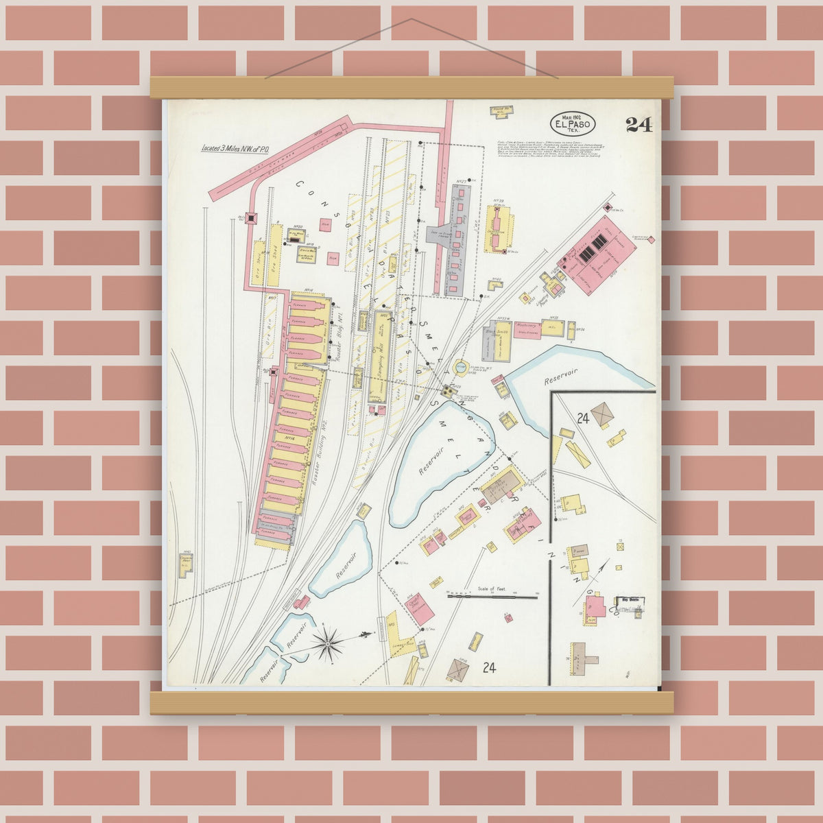 Old map wall art mockup — magnetic wood frame on brick wall — Sanborn Fire Insurance Map from El Paso, El Paso County, Texas (1902), Sheet #0024