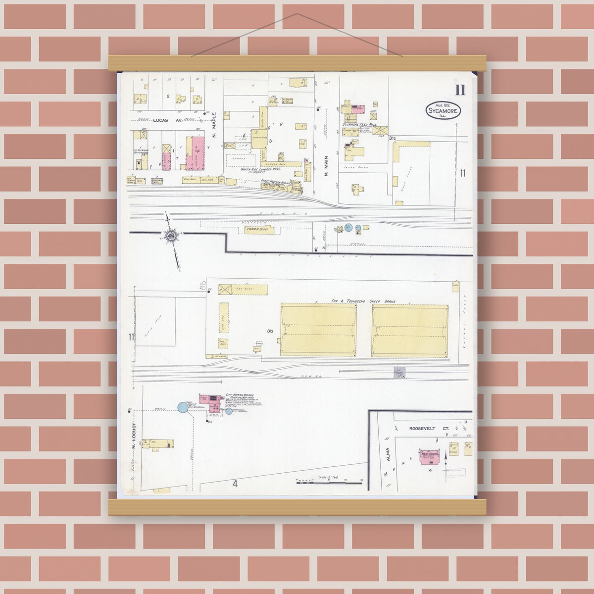 Old map wall art mockup — magnetic wood frame on brick wall — Sanborn Fire Insurance Map from Sycamore, De Kalb County, Illinois (1912), Sheet #0011