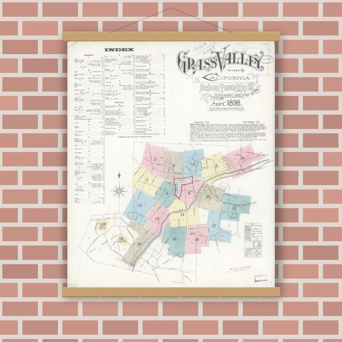 Old map wall art mockup — magnetic wood frame on brick wall — Sanborn Fire Insurance Map from Grass Valley, Nevada County, California (1898) - Complete Map Set