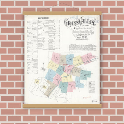 Old map wall art mockup — magnetic wood frame on brick wall — Sanborn Fire Insurance Map from Grass Valley, Nevada County, California (1898) - Complete Map Set