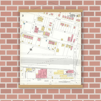 Old map wall art mockup — magnetic wood frame on brick wall — Sanborn Fire Insurance Map from Lemoyne, Cumberland County, Pennsylvania (1923), Sheet #0003