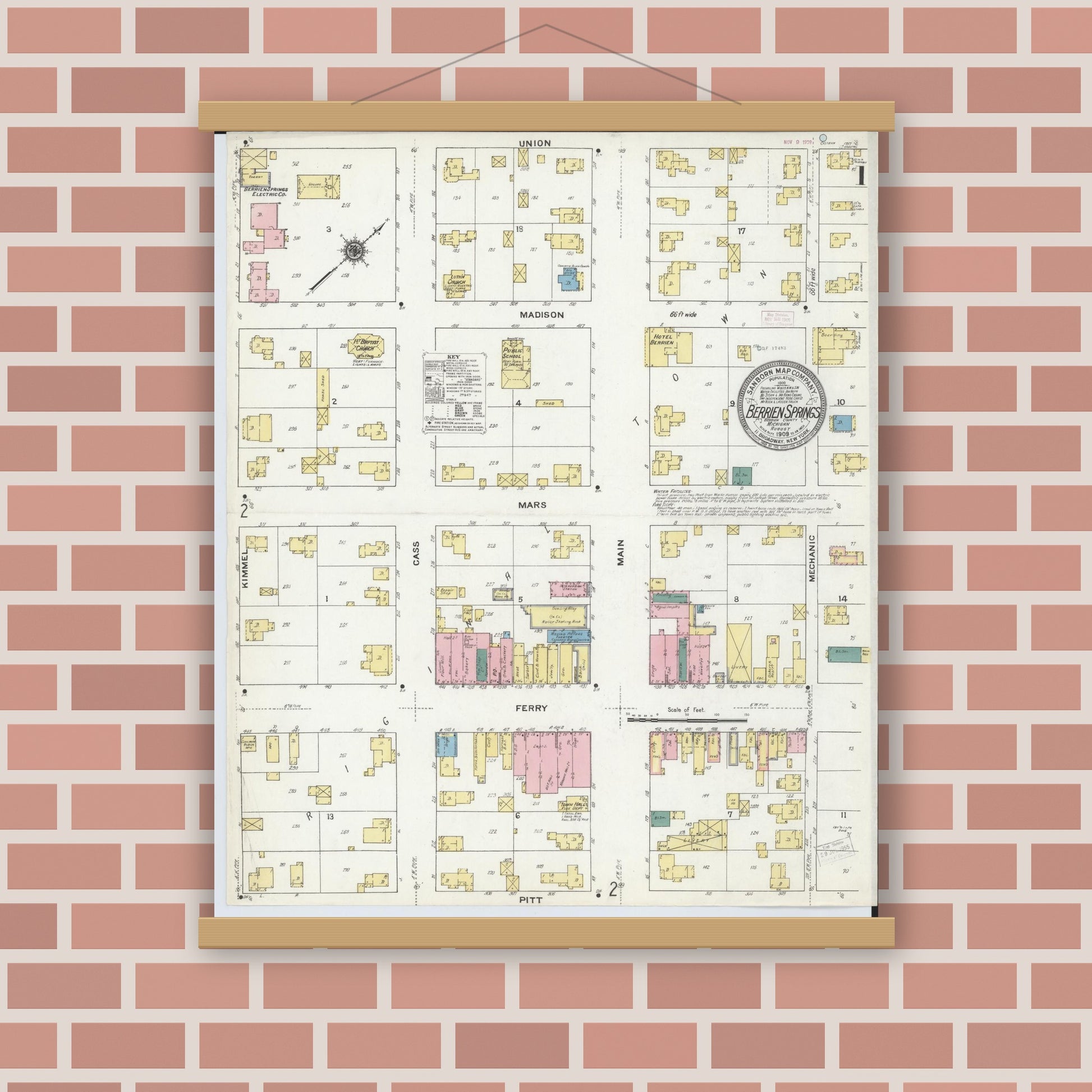 Old map wall art mockup — magnetic wood frame on brick wall — Sanborn Fire Insurance Map from Berrien Springs, Berrien County, Michigan (1909) - Complete Map Set