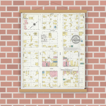 Old map wall art mockup — magnetic wood frame on brick wall — Sanborn Fire Insurance Map from Berrien Springs, Berrien County, Michigan (1909) - Complete Map Set