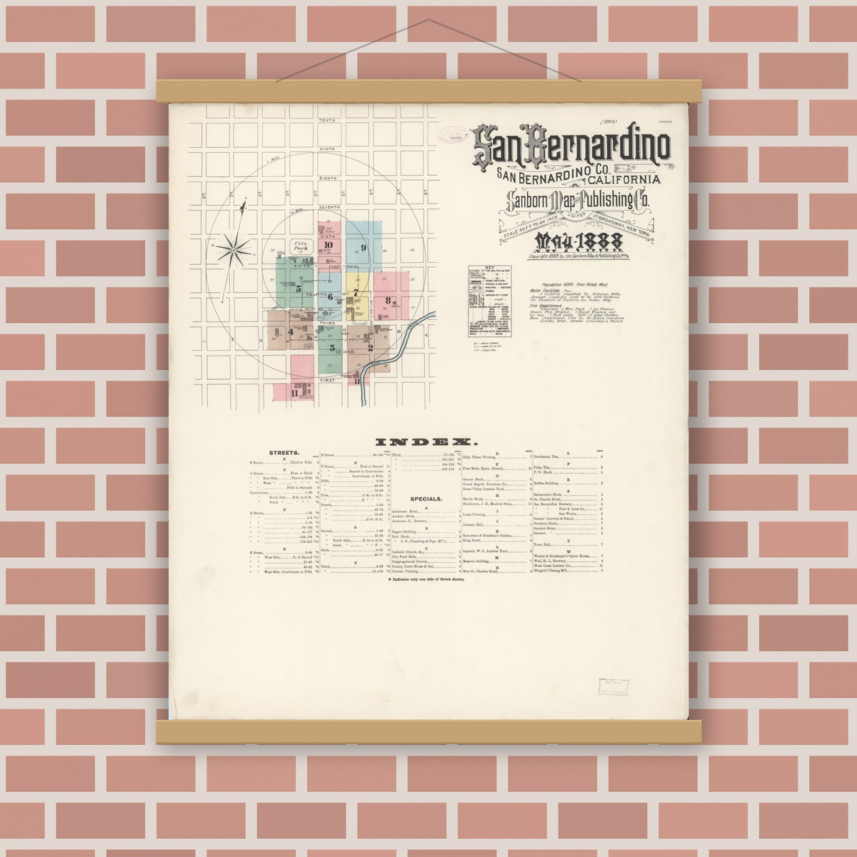 Old map wall art mockup — magnetic wood frame on brick wall — Sanborn Fire Insurance Map from San Bernardino, San Bernardino County, California (1888) - Complete Map Set