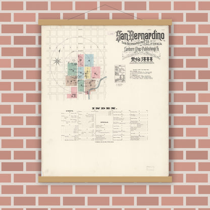 Old map wall art mockup — magnetic wood frame on brick wall — Sanborn Fire Insurance Map from San Bernardino, San Bernardino County, California (1888) - Complete Map Set