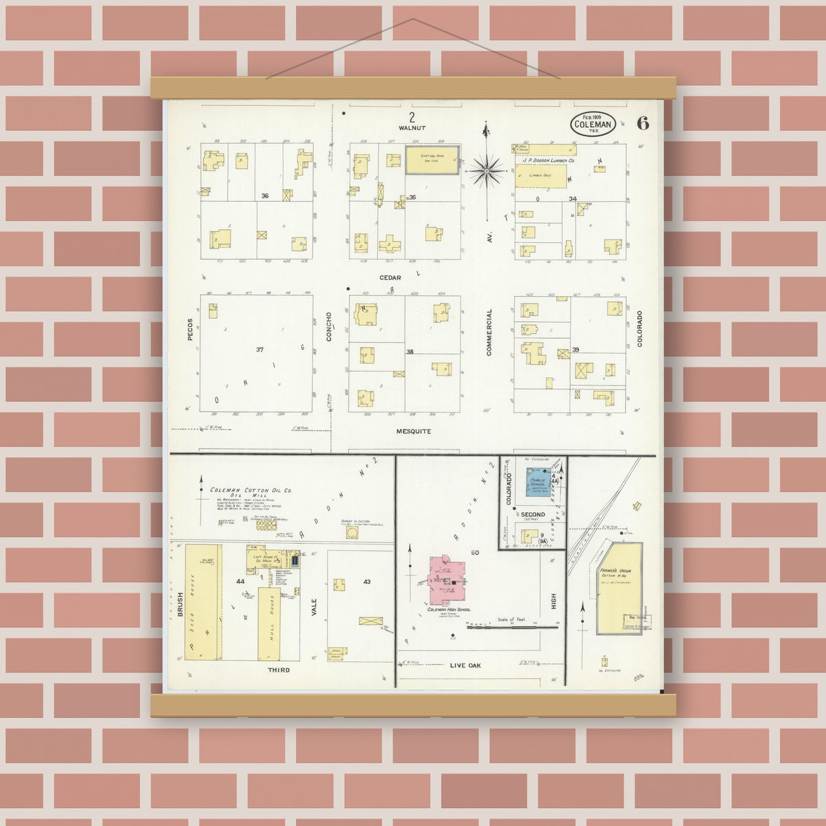 Old map wall art mockup — magnetic wood frame on brick wall — Sanborn Fire Insurance Map from Coleman, Coleman County, Texas (1909), Sheet #0006