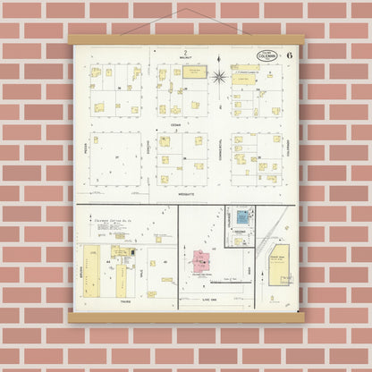 Old map wall art mockup — magnetic wood frame on brick wall — Sanborn Fire Insurance Map from Coleman, Coleman County, Texas (1909), Sheet #0006