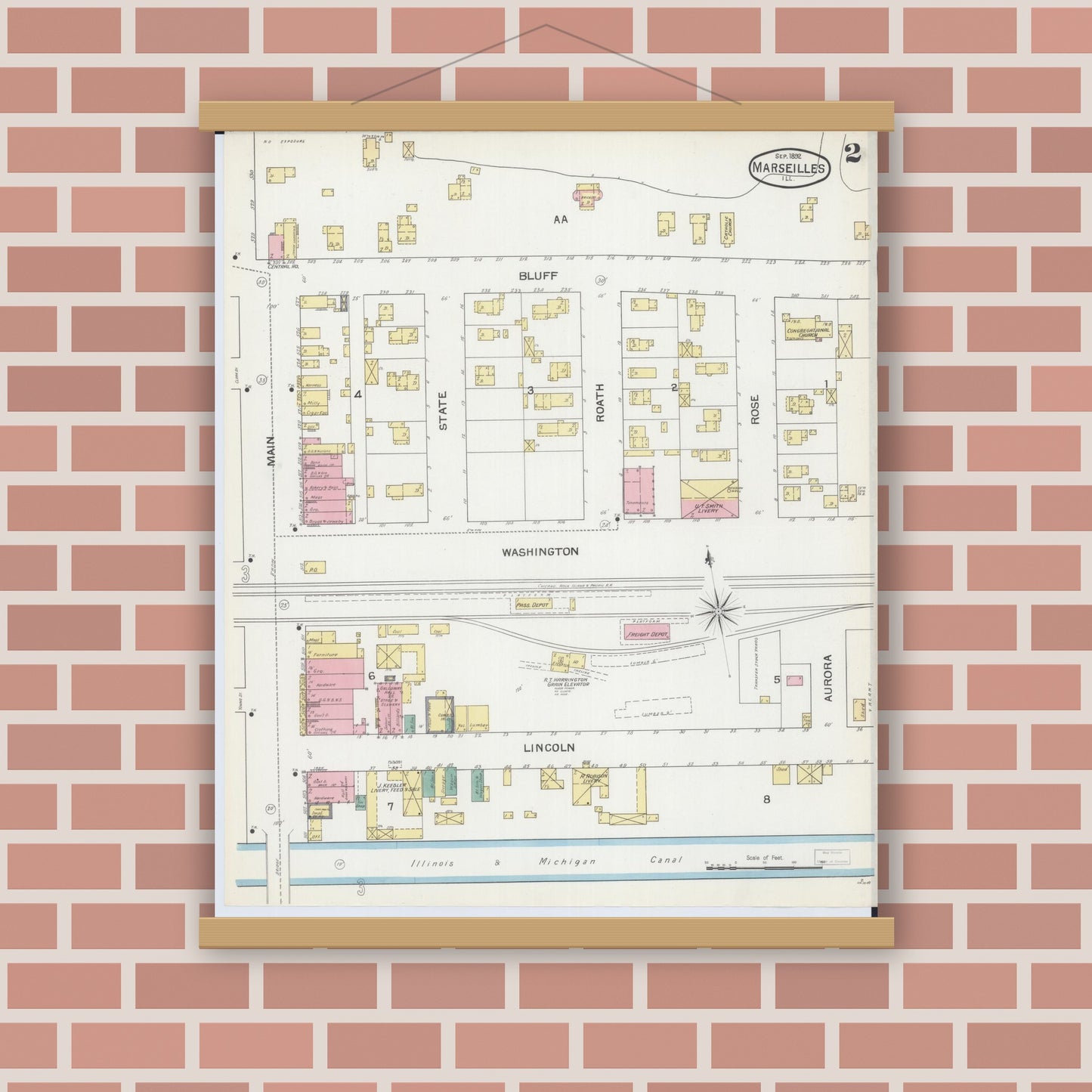 Old map wall art mockup — magnetic wood frame on brick wall — Sanborn Fire Insurance Map from Marseilles, La Salle County, Illinois (1892), Sheet #0002