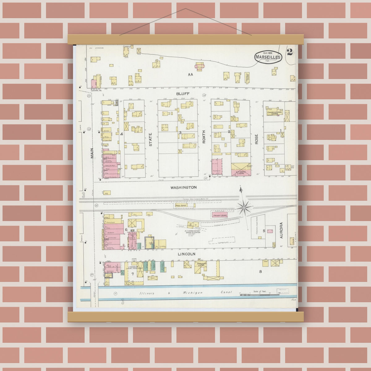 Old map wall art mockup — magnetic wood frame on brick wall — Sanborn Fire Insurance Map from Marseilles, La Salle County, Illinois (1892), Sheet #0002