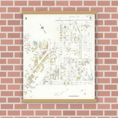 Old map wall art mockup — magnetic wood frame on brick wall — Sanborn Fire Insurance Map from Gladewater, Gregg County, Texas (1934), Sheet #0003