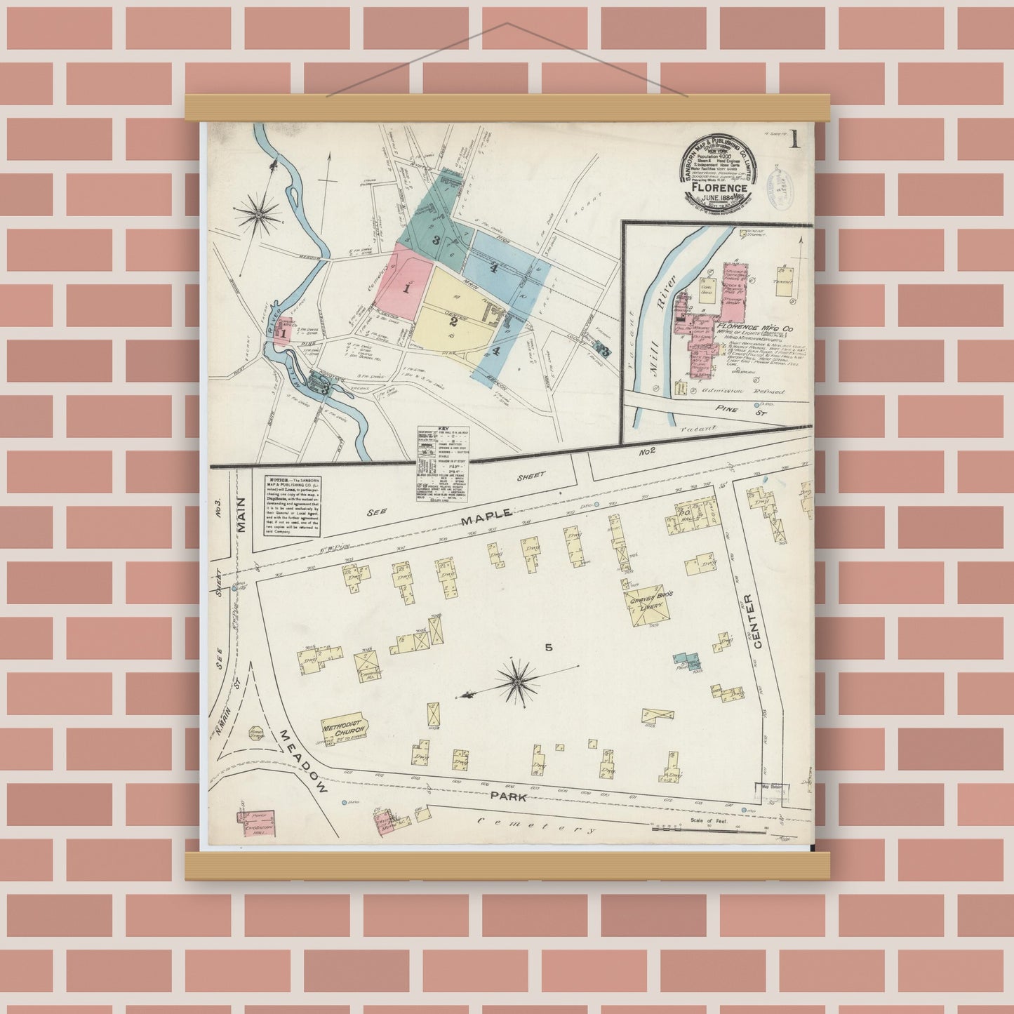 Old map wall art mockup — magnetic wood frame on brick wall — Sanborn Fire Insurance Map from Florence, Hampshire County, Massachusetts (1884) - Complete Map Set