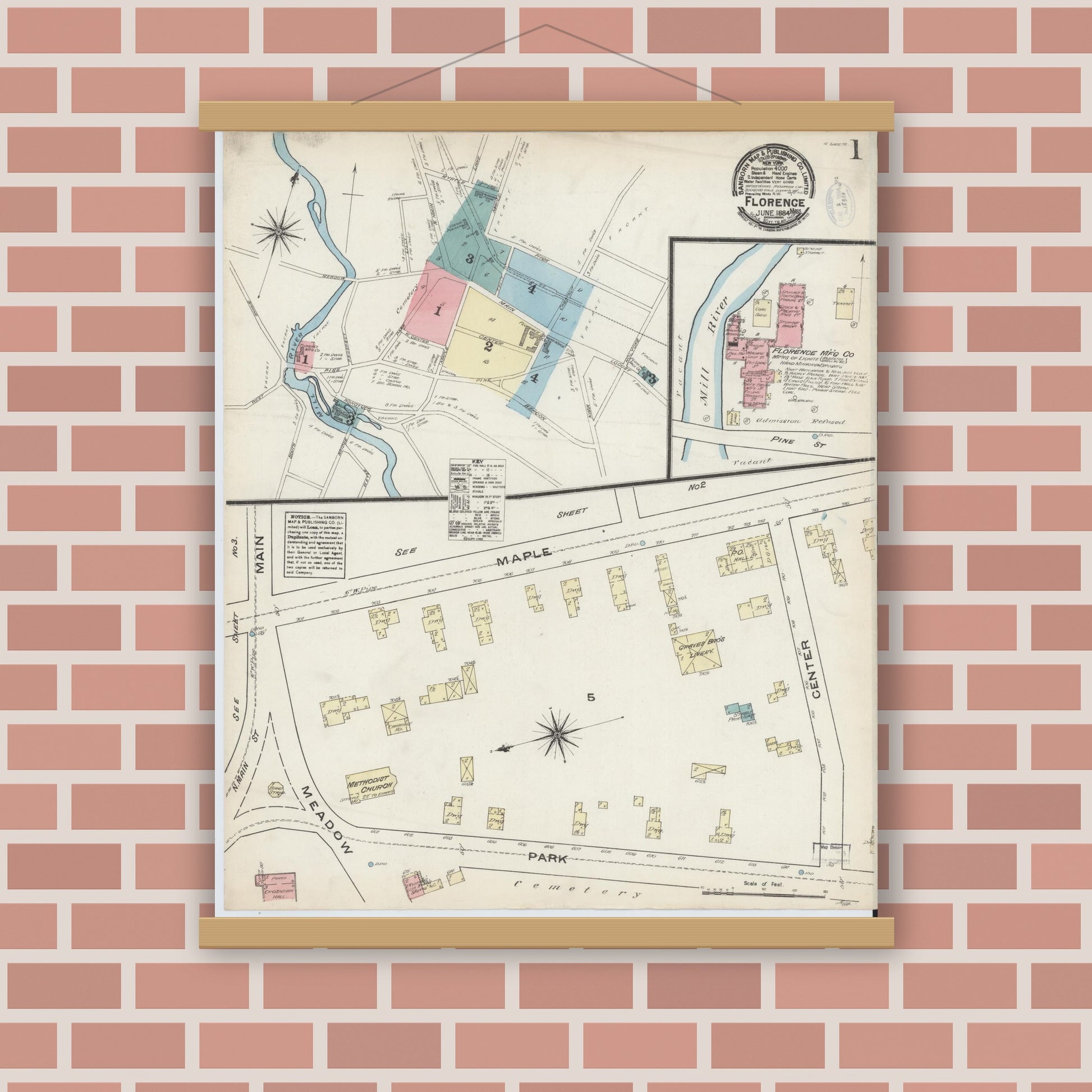 Old map wall art mockup — magnetic wood frame on brick wall — Sanborn Fire Insurance Map from Florence, Hampshire County, Massachusetts (1884) - Complete Map Set