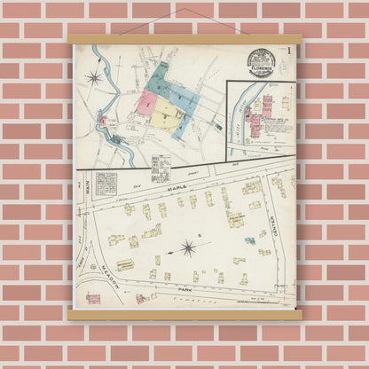 Old map wall art mockup — magnetic wood frame on brick wall — Sanborn Fire Insurance Map from Florence, Hampshire County, Massachusetts (1884) - Complete Map Set