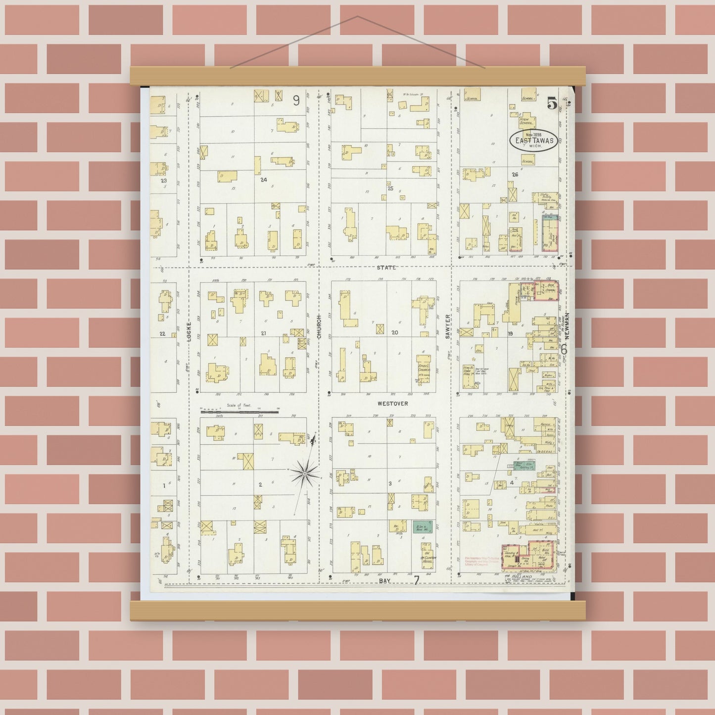Old map wall art mockup — magnetic wood frame on brick wall — Sanborn Fire Insurance Map from East Tawas, Iosco County, Michigan (1898), Sheet #0005