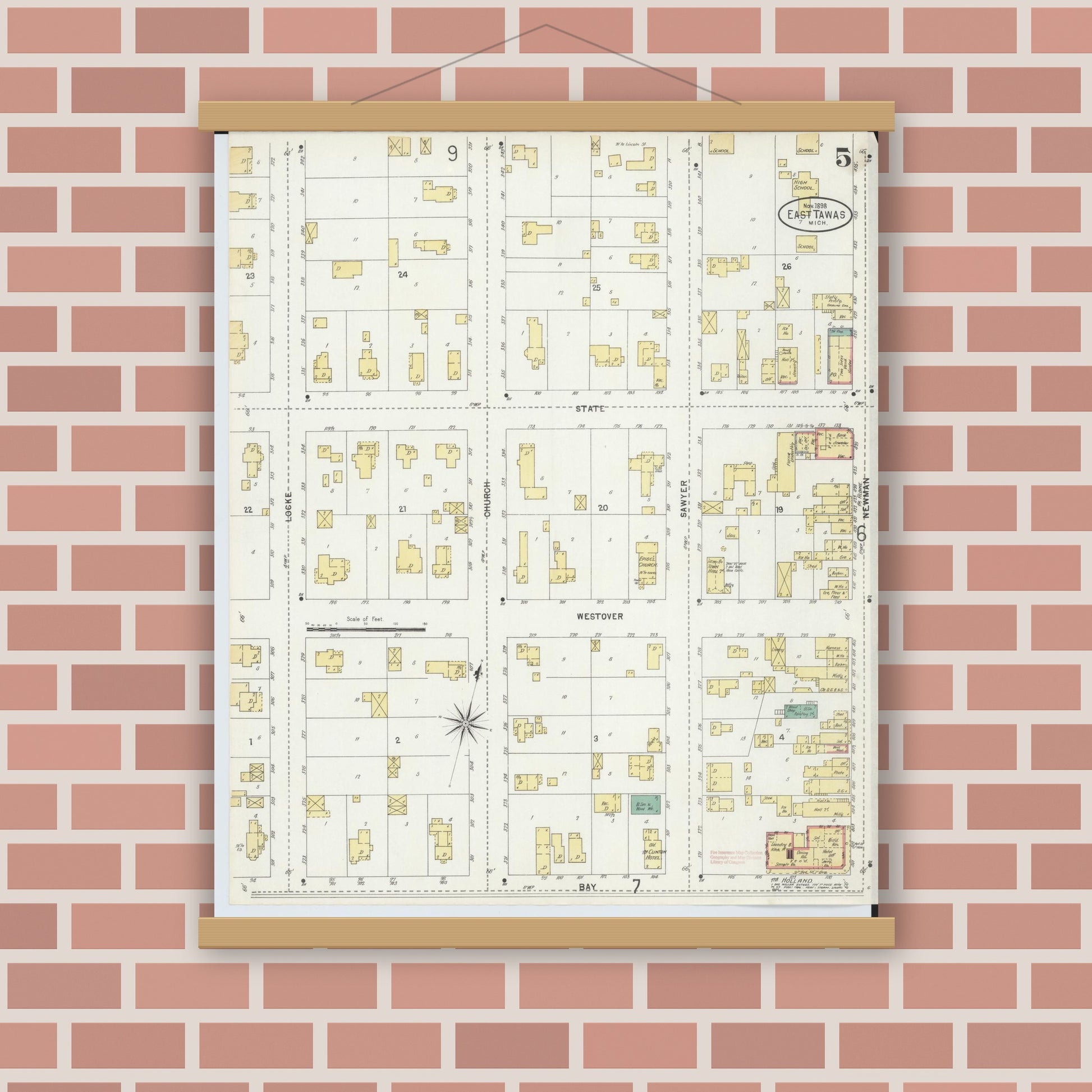 Old map wall art mockup — magnetic wood frame on brick wall — Sanborn Fire Insurance Map from East Tawas, Iosco County, Michigan (1898), Sheet #0005
