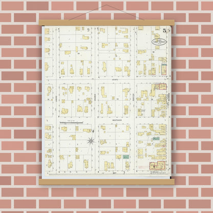 Old map wall art mockup — magnetic wood frame on brick wall — Sanborn Fire Insurance Map from East Tawas, Iosco County, Michigan (1898), Sheet #0005