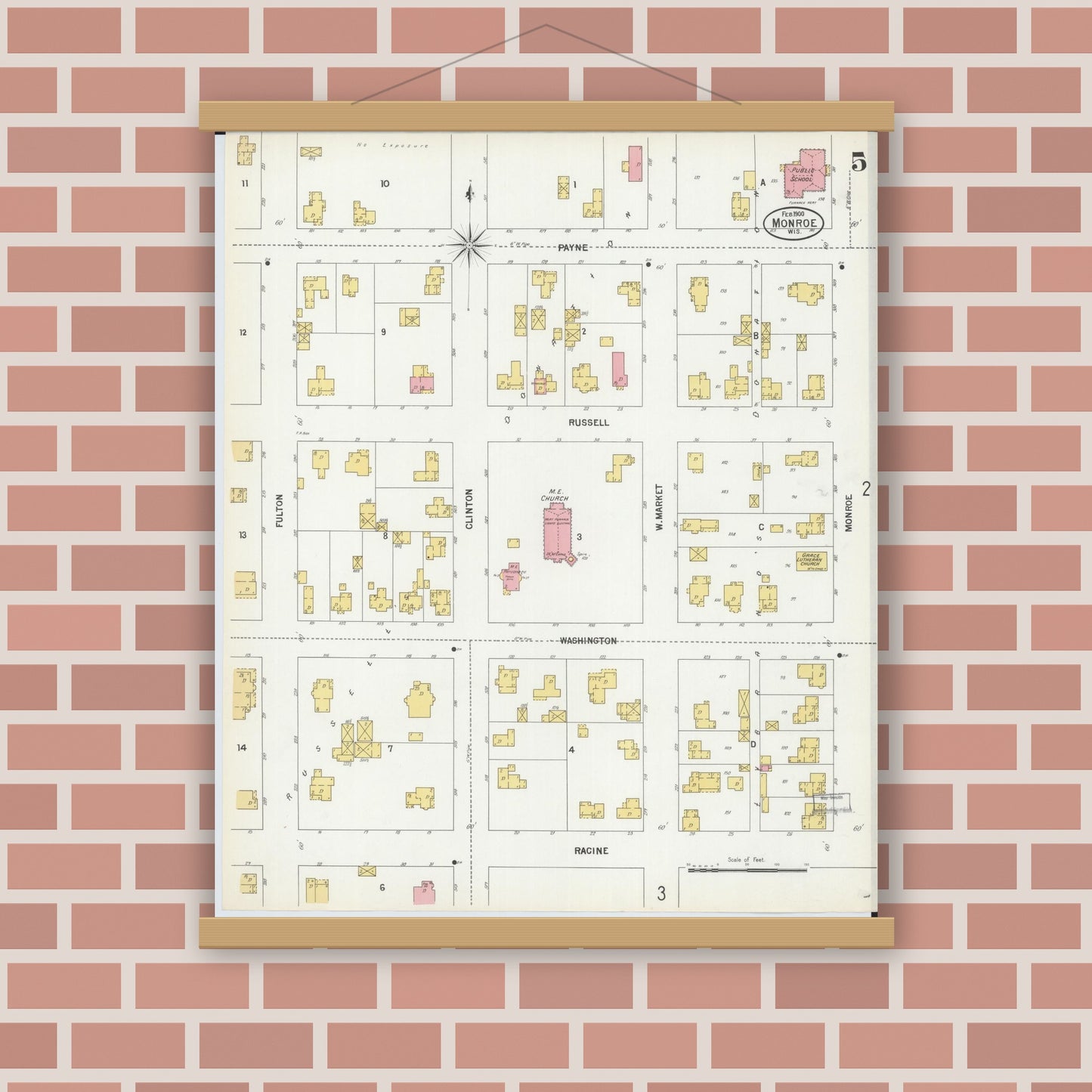 Old map wall art mockup — magnetic wood frame on brick wall — Sanborn Fire Insurance Map from Monroe, Green County, Wisconsin (1900), Sheet #0005