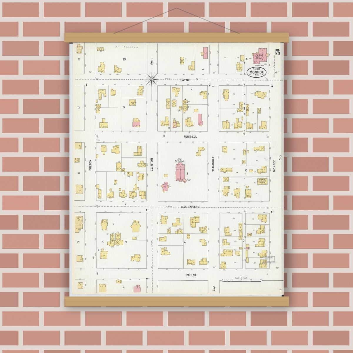 Old map wall art mockup — magnetic wood frame on brick wall — Sanborn Fire Insurance Map from Monroe, Green County, Wisconsin (1900), Sheet #0005