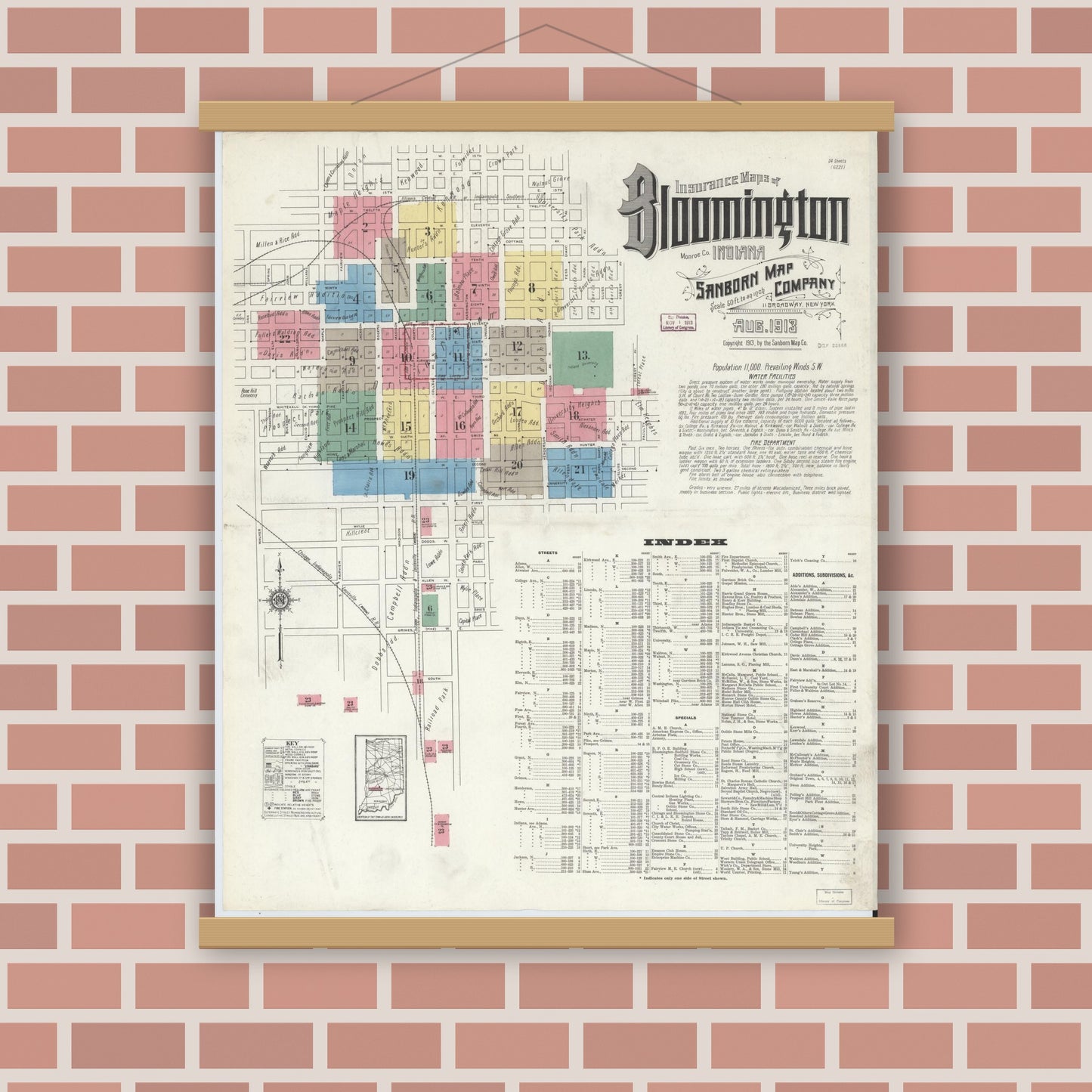Old map wall art mockup — magnetic wood frame on brick wall — Sanborn Fire Insurance Map from Bloomington, Monroe County, Indiana (1913), Sheet #0001
