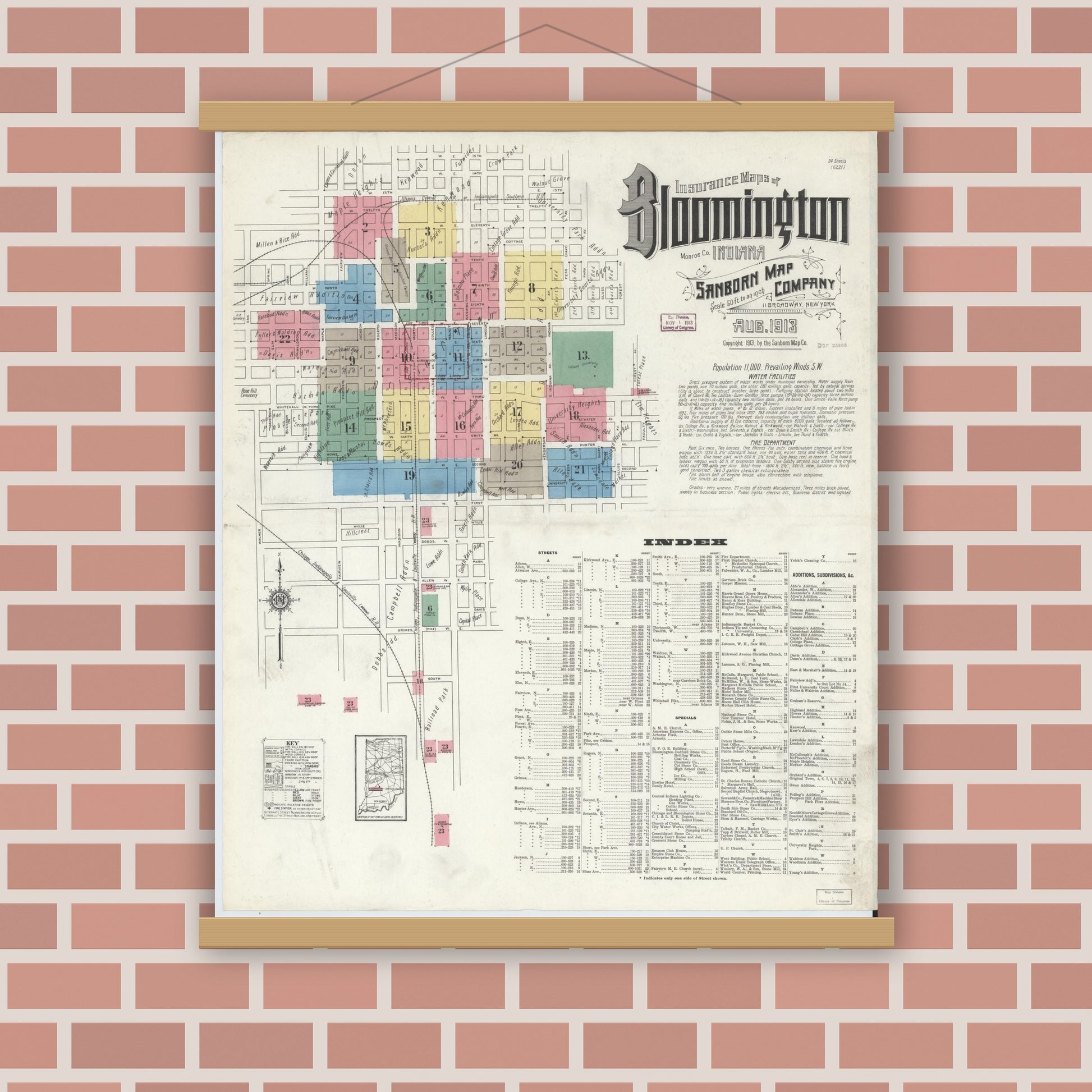 Old map wall art mockup — magnetic wood frame on brick wall — Sanborn Fire Insurance Map from Bloomington, Monroe County, Indiana (1913), Sheet #0001