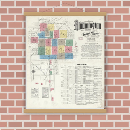 Old map wall art mockup — magnetic wood frame on brick wall — Sanborn Fire Insurance Map from Bloomington, Monroe County, Indiana (1913), Sheet #0001