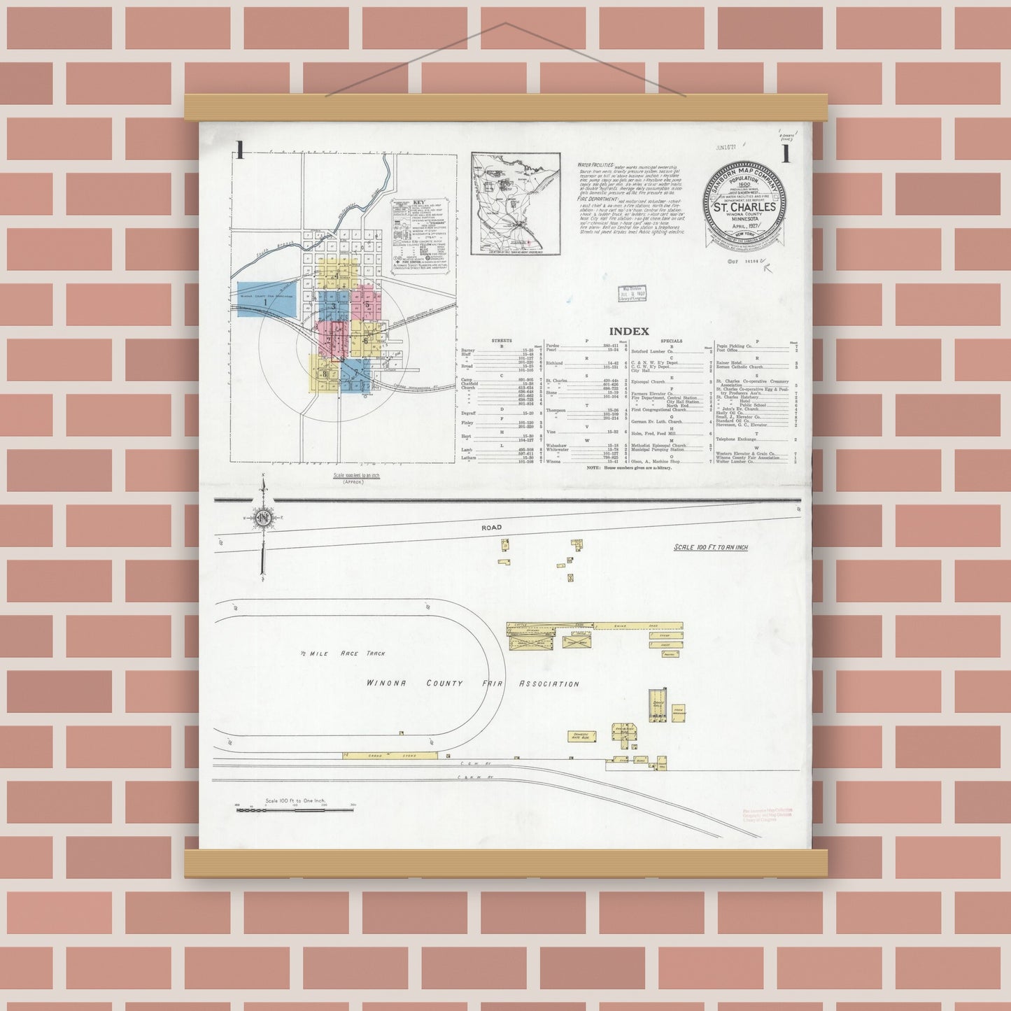 Old map wall art mockup — magnetic wood frame on brick wall — Sanborn Fire Insurance Map from Saint Charles, Winona County, Minnesota (1927) - Complete Map Set