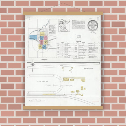 Old map wall art mockup — magnetic wood frame on brick wall — Sanborn Fire Insurance Map from Saint Charles, Winona County, Minnesota (1927) - Complete Map Set
