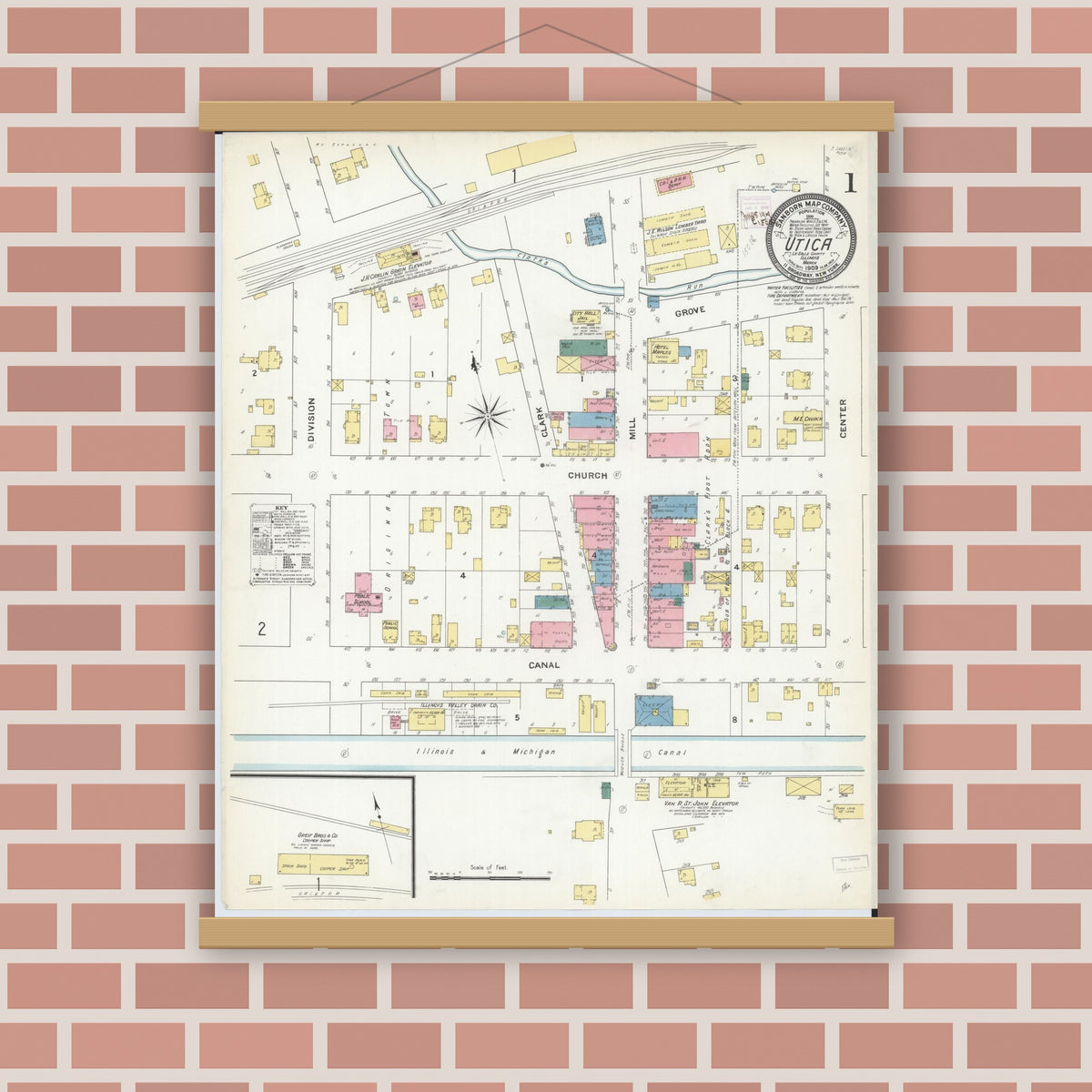 Old map wall art mockup — magnetic wood frame on brick wall — Sanborn Fire Insurance Map from Utica, La Salle County, Illinois (1909) - Complete Map Set