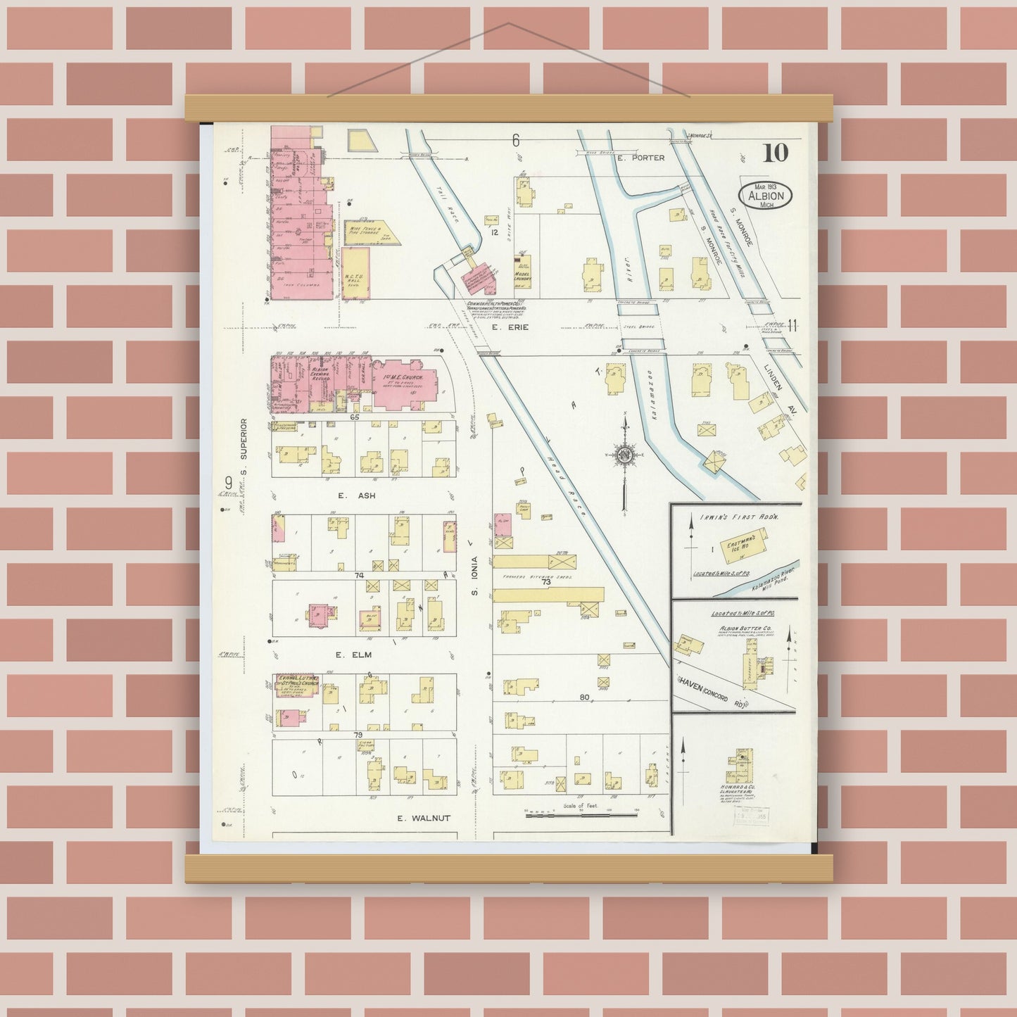 Old map wall art mockup — magnetic wood frame on brick wall — Sanborn Fire Insurance Map from Albion, Calhoun County, Michigan (1913), Sheet #0010