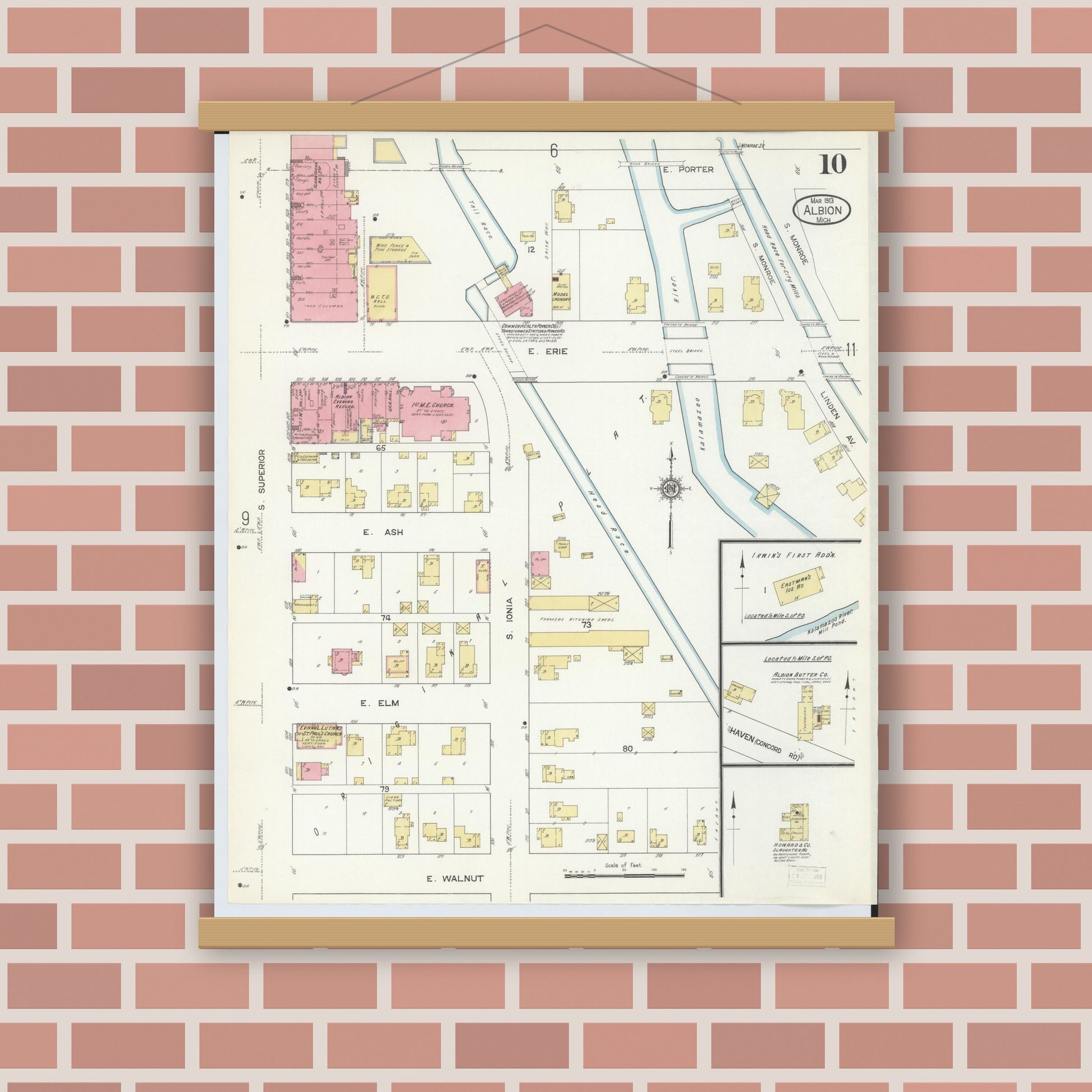 Old map wall art mockup — magnetic wood frame on brick wall — Sanborn Fire Insurance Map from Albion, Calhoun County, Michigan (1913), Sheet #0010