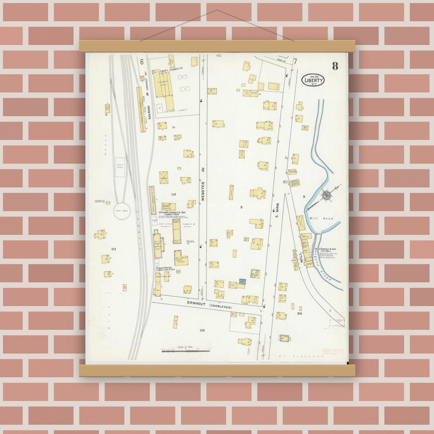 Old map wall art mockup — magnetic wood frame on brick wall — Sanborn Fire Insurance Map from Liberty, Sullivan County, New York (1916), Sheet #0008