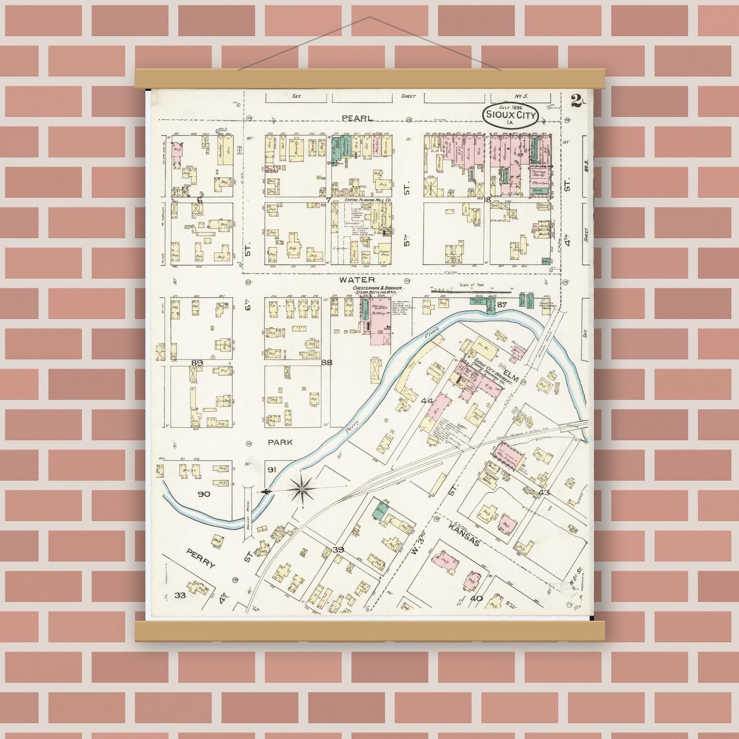 Old map wall art mockup — magnetic wood frame on brick wall — Sanborn Fire Insurance Map from Sioux City, Woodbury County, Iowa (1886), Sheet #0002