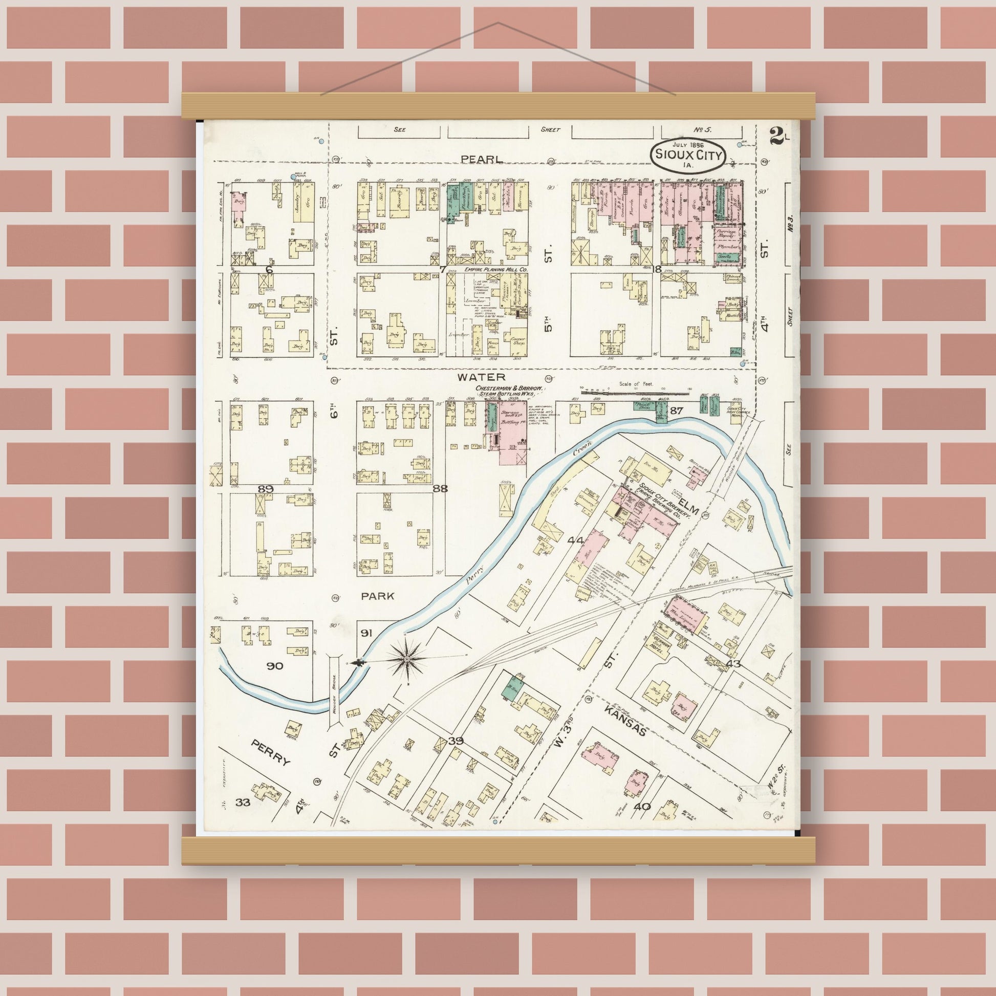 Old map wall art mockup — magnetic wood frame on brick wall — Sanborn Fire Insurance Map from Sioux City, Woodbury County, Iowa (1886), Sheet #0002