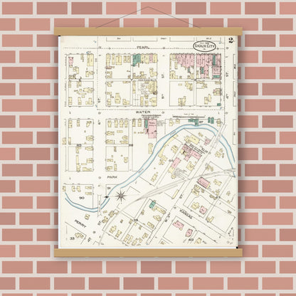 Old map wall art mockup — magnetic wood frame on brick wall — Sanborn Fire Insurance Map from Sioux City, Woodbury County, Iowa (1886), Sheet #0002